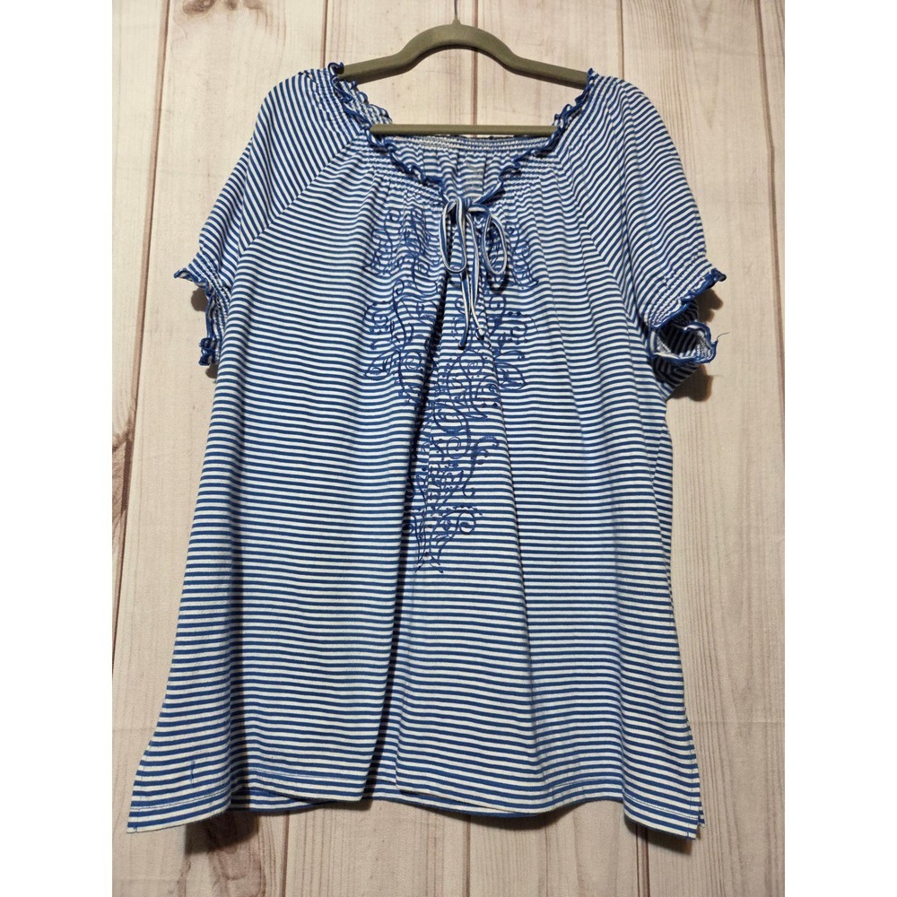 Faded Glory Womens 2X Blue White Striped Embroidered Peasant Top Short Sleeve